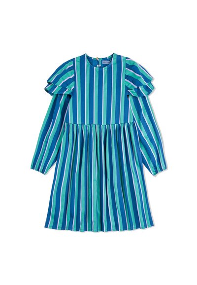 Abito a strisce blu e verdi con maniche a campana, scollatura tonda e gonna arricciata. Materiale in cotone con vivaci motivi verticali.