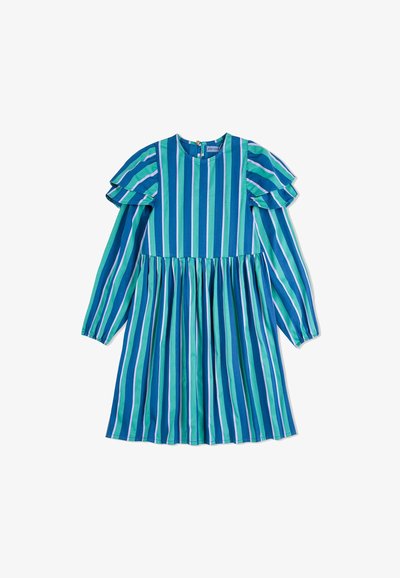 Blue and green striped dress with flared sleeves, round neckline, and gathered skirt. Cotton material with vibrant vertical patterns.