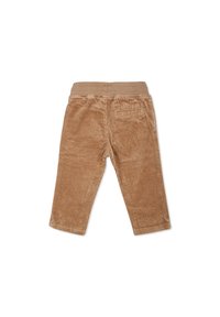 Pantalons en velours côtelé marron avec une texture côtelée, une taille élastique et un détail de poche arrière. Conçus pour un ajustement confortable.