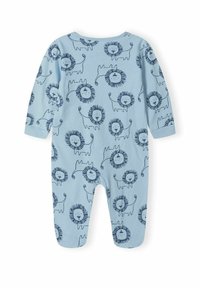 Svetlo modri kokon, ki ima ponovljen vzorec levov v mornarsko modri barvi, z dolgimi rokavi in nogavičastim dizajnom. Mehak material z zaobljenim izrezom.