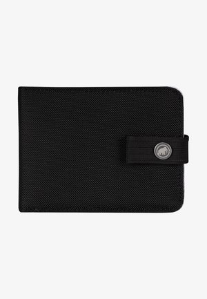 Portafoglio nero realizzato in tessuto testurizzato, di forma rettangolare, con un emblema argentato e una fascia elastica per una chiusura sicura.