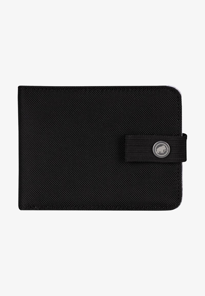 Black wallet made of textured fabric with a rectangular shape, featuring a silver emblem and an elastic strap for secure closure.