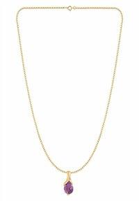 Kuldne kettkaelakee, millel on pisarakuju lillat vääriskivi ripats, sileda pinnaga ja peene küüniseaktsendiga.