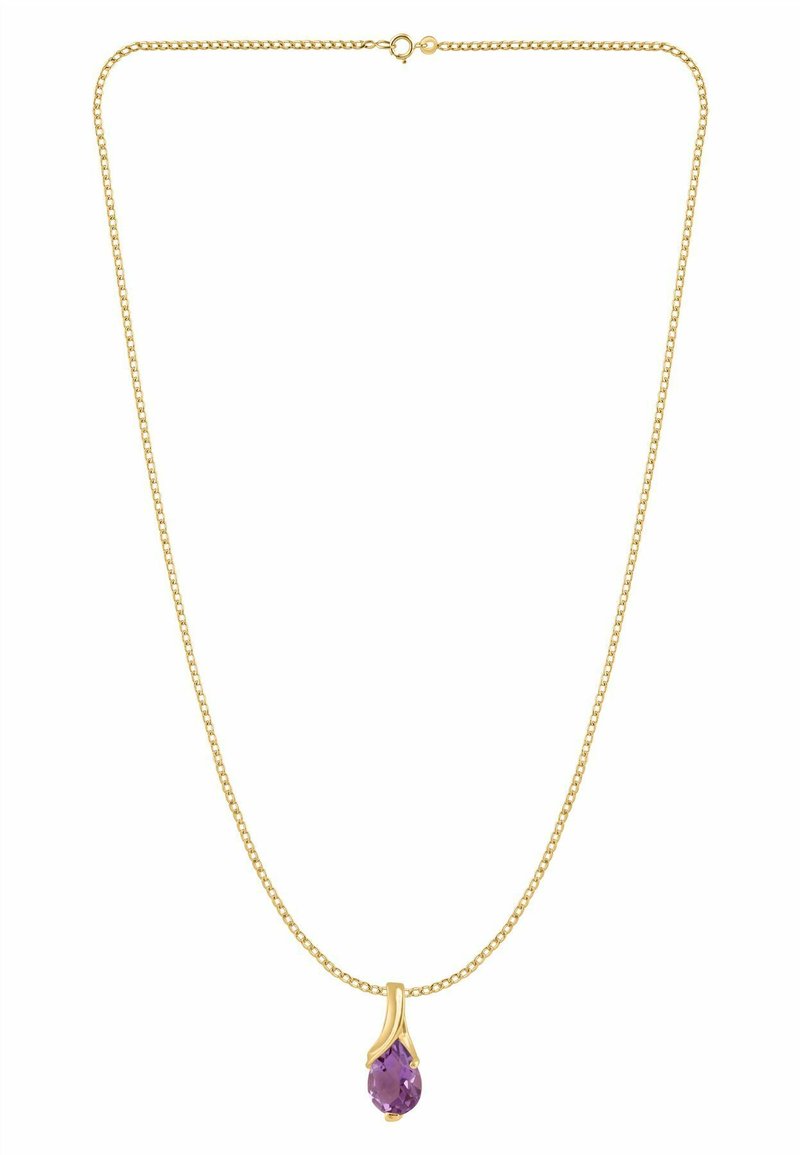 Kuldne kettkaelakee, millel on pisarakuju lillat vääriskivi ripats, sileda pinnaga ja peene küüniseaktsendiga.