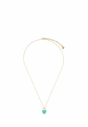 Zarte goldene Halskette mit kleinem türkisfarbenem herzförmigem Schlossanhänger und verstellbarem Verschluss.