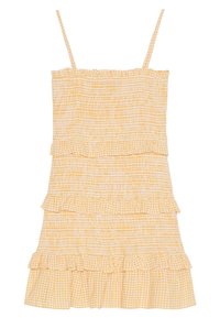Žluté šaty s karovaným vzorem vyrobené z texturované tkaniny, s tenkými ramínky a volány na lemu a v pase.