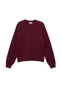 Temno rdeča dolgorzakavna pletena jopica z rebrastimi manšeti, robom in okroglo ovratnico, prikazana na beli podlagi.