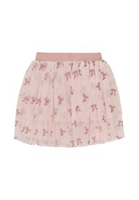 Jupe en tulle rose avec une taille scintillante, ornée de nœuds brodés en rose foncé. Design évasé avec des plis superposés pour plus de texture.