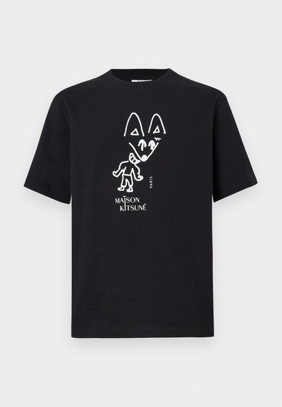 Černé tričko s krátkým rukávem se b�ílým abstraktním kresleným liškou a textem "MAISON KITSUNÉ PARIS" vpředu.