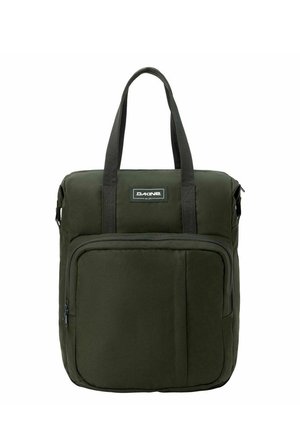 Borsa a mano rettangolare verde scuro con due manici, una tasca frontale con cerniera e un'etichetta del marchio Dakine visibile sulla parte superiore anteriore.