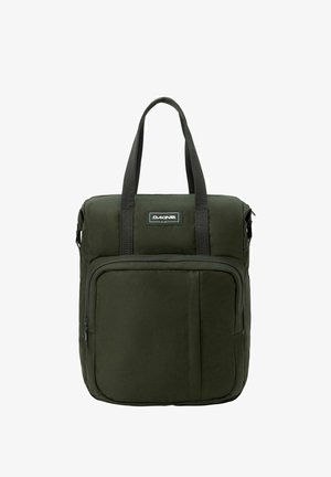 Borsa a mano rettangolare verde scuro con due manici, una tasca frontale con cerniera e un'etichetta del marchio Dakine visibile sulla parte superiore anteriore.