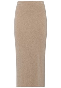 Beige ribbad trikå midi-kjol med en åtsittande silhuett och elastisk midja. Mjuk textur med vertikala linjer genom hela tyget.