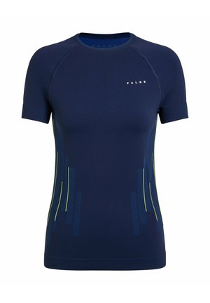 T-shirt de sport bleu marine à manches courtes, avec des accents à motifs verts et bleus. Fabriqué en matériau lisse et léger.