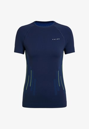 Maglietta sportiva blu navy a maniche corte, con dettagli a motivo verde e blu. Realizzata in materiale liscio e leggero.