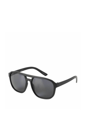 Black aviator-style sunglasses with dark tinted lenses and a double-bridge frame, angled slightly to the right on a white background.
