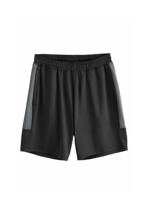 Svarta sportshorts med elastiskt midjeband och grå sidpaneler, med framfickor och en liten logotyp på vänster ben.