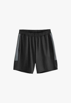 Melni sporta šorti ar elastīgu jostu un pelēkiem sānu paneļiem, ar priekšējām kabatām un mazu logotipu kreisajā kājā.