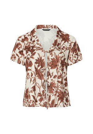 Short-sleeve button-up blouse featuring a floral pattern in rust on a cream background, with a tied front detail and ribbed texture.