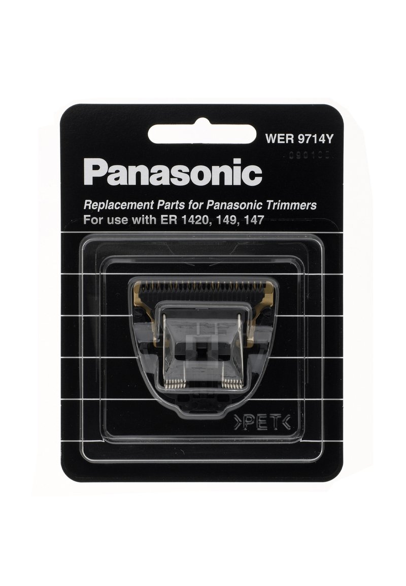 Zwarte verpakking met een transparante snoeimes. Het mes heeft metalen randen en kunststof onderdelen. De tekst geeft de compatibiliteit aan met Panasonic-modellen.