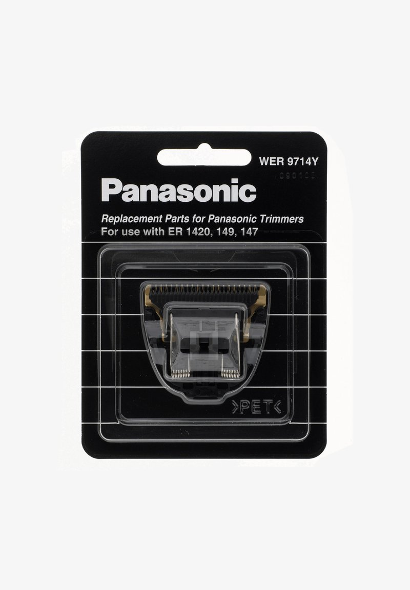 Zwarte verpakking met een transparante snoeimes. Het mes heeft metalen randen en kunststof onderdelen. De tekst geeft de compatibiliteit aan met Panasonic-modellen.