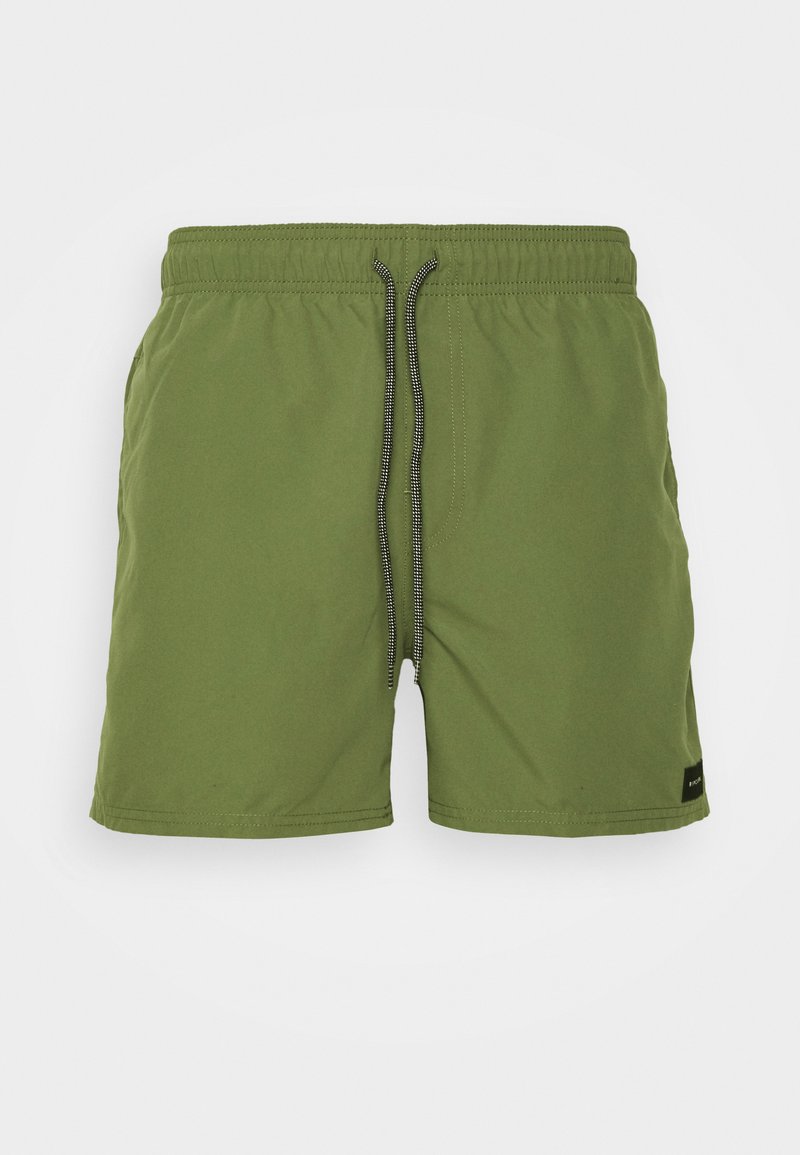 Green swim shorts with an elastic waistband, featuring a drawstring and side pockets. Made of lightweight fabric with a smooth texture.