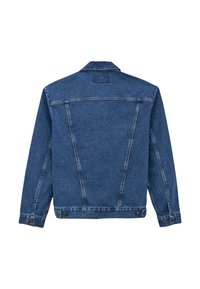 Μπλε τζιν μπουφάν εμφανίζεται από πίσω, με αντίθετη ραφή, κουμπωτά μανίκια και ρυθμιζόμενα πλαϊνά στο κάτω μέρος με μεταλλικά κουμπιά.