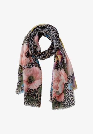 Leichter Schal mit Leopardenmuster im Hintergrund, überlagert von großen Blumenmustern in Pink, Lila und Gelb, mit Fransen an den Rändern.