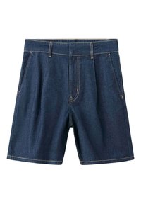 Dark blue denim shorts with belt loops, front pockets, and yellow stitching, displayed against a white background.