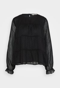 Schwarze durchsichtige Bluse mit gepunkteter Textur, langen Puffärmeln, gerafften Manschetten und einem runden Halsausschnitt mit Knopfverschluss hinten.