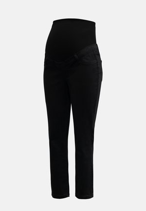Jeans de maternité noirs avec une taille haute extensible et des jambes slim, conçus pour le confort et le soutien pendant la grossesse.