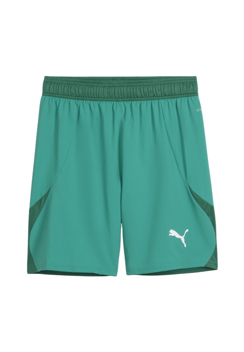 Pantaloni sportivi turchesi con vita elastica, pannelli in rete sui lati e logo Puma bianco sul fronte in basso a sinistra.