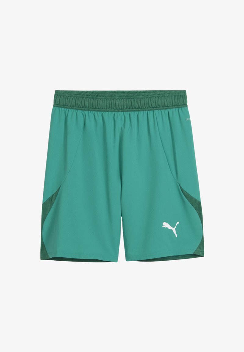 Pantaloni sportivi turchesi con vita elastica, pannelli in rete sui lati e logo Puma bianco sul fronte in basso a sinistra.