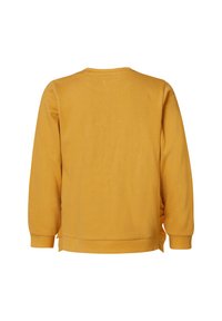 Gul stickad sweatshirt med långa ärmar, rund nacke och ribbade mudd. Har sidokilar i fållen för ökad rörlighet.