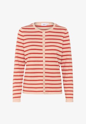 Gestreifter Cardigan in Rot und Beige mit Rundhalsausschnitt, langen Ärmeln und Knopfleiste, aus weichem Strickmaterial gefertigt.