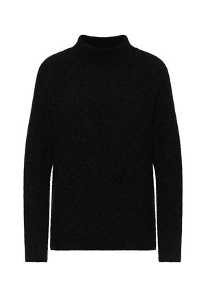 Maglione nero in maglia con collo alto e maniche lunghe. Testurizzato, vestibilità leggermente ampia, con motivo a coste su tutta la superficie.