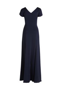 Mörkblå lång klänning med korta ärmargar, V-ringning och en dold dragkedja i ryggen. Slät tyg med en flödande silhuett.