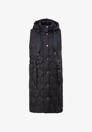 Manteau sans manches noir matelassé avec capuche, doté de poches, de lanières nouées à la taille et de fermetures à boutons-pression. Motif texturé sur toute la surface.