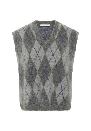 Kamizelka z wełnianej mieszanki z szaro-szarym wzorem w romby i niebieskimi akcentami. Projekt w serek i luźny fason. Miękka tekstura.