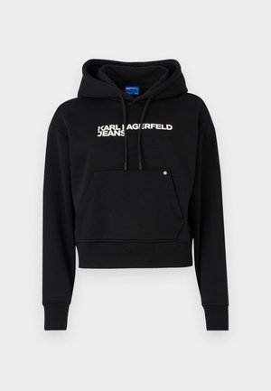 Sudadera negra cortada hecha de un tejido suave, con un bolsillo frontal, capucha con cordón y el logo en texto blanco "KARL LAGERFELD JEANS."