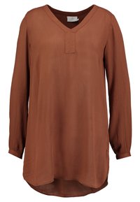 Bruine blouse met lange mouwen van lichtgewicht structuurstof, met een V-hals en een licht gebogen zoom, in een ontspannen pasvorm zonder zichtbare hardware.