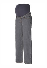 Graviditetsjeans i grå denim, med en elastisk midja i marinblått för komfort, raka ben och subtila sömnadsdetaljer.