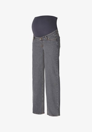 Grijze denim zwangerschapsjeans met een rekbare marineblauwe tailleband voor comfort, rechte benen en subtiele stikselaccenten.