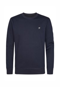 Sudadera azul marino hecha de algodón suave. Cuenta con un cuello redondo, puños acanalados y un pequeño logotipo blanco en el pecho. Diseño sencillo, color sólido.