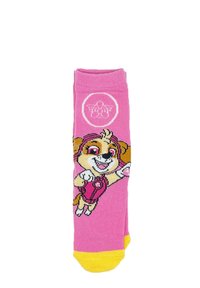 Calcetín rosa con un diseño de perro de dibujos animados colorido. Acentuado con amarillo en la puntera. Material suave de punto con un acabado de punto sin costuras.