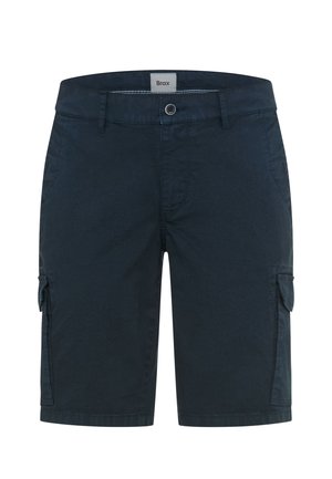 Marineblaue Cargoshorts mit vorderem Knopf und Reißverschluss, Gürtelschlaufen, seitlichen Klappentaschen und Markenlabel am Bund.