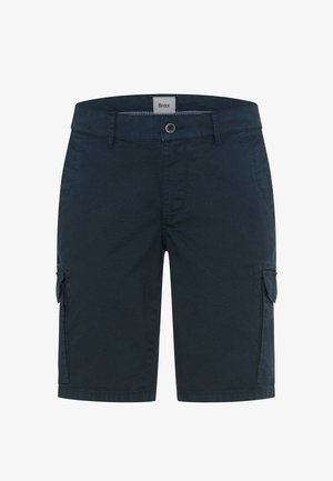 Marineblaue Cargoshorts mit vorderem Knopf und Reißverschluss, Gürtelschlaufen, seitlichen Klappentaschen und Markenlabel am Bund.
