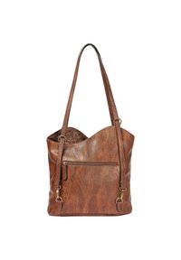 Bolso tote de cuero marrón con parte superior abierta, acabado texturizado, un bolsillo con cremallera en la parte frontal y forro interior estampado. Dos correas largas.