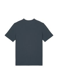 Donkerblauwe, kortom mouwen T-shirt met een ronde hals en een gladde stoftextuur. Geen zichtbare graphics of versieringen.