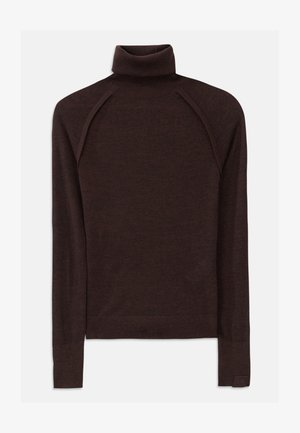 Pruun kõrge kaelusega sviiter, mis on valmistatud pehmest materjalist, omab pikki raglansleeve'e, ribakujulisi mansette ja kaela, ning peent logot reklaamivat detaili allääres.