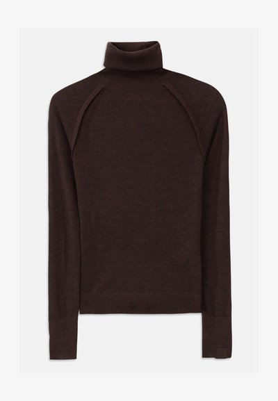 Brūns turtlenecks džemperis, kas izgatavots no mīksta materiāla, ar garām raglan piedurknēm, ribotiem aprocēm un apkakli, kā arī diskretu logo akcentu uz apakšmalas.